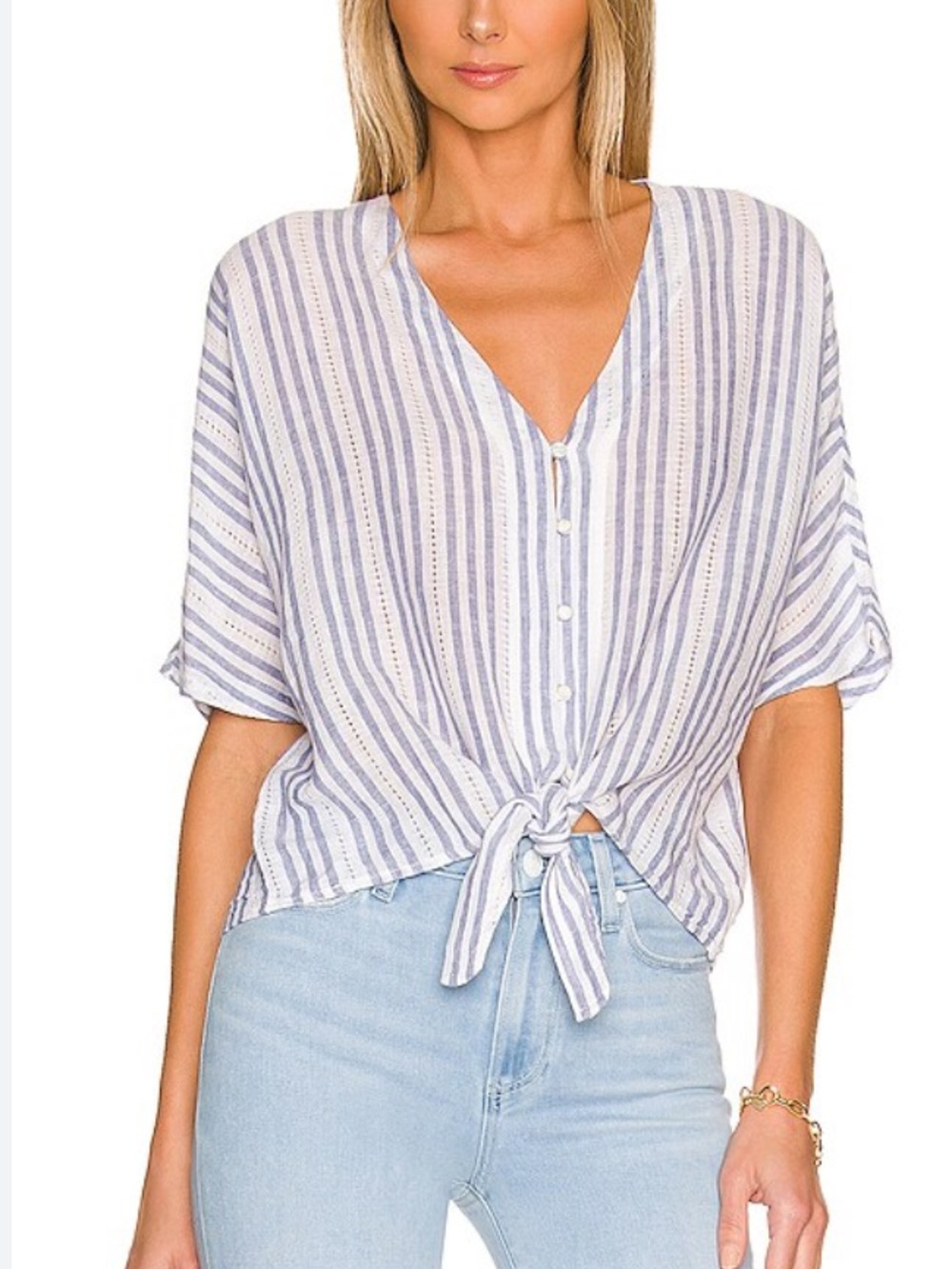 Rails Blue and White Vertical Stripe Tie-Front Blouse